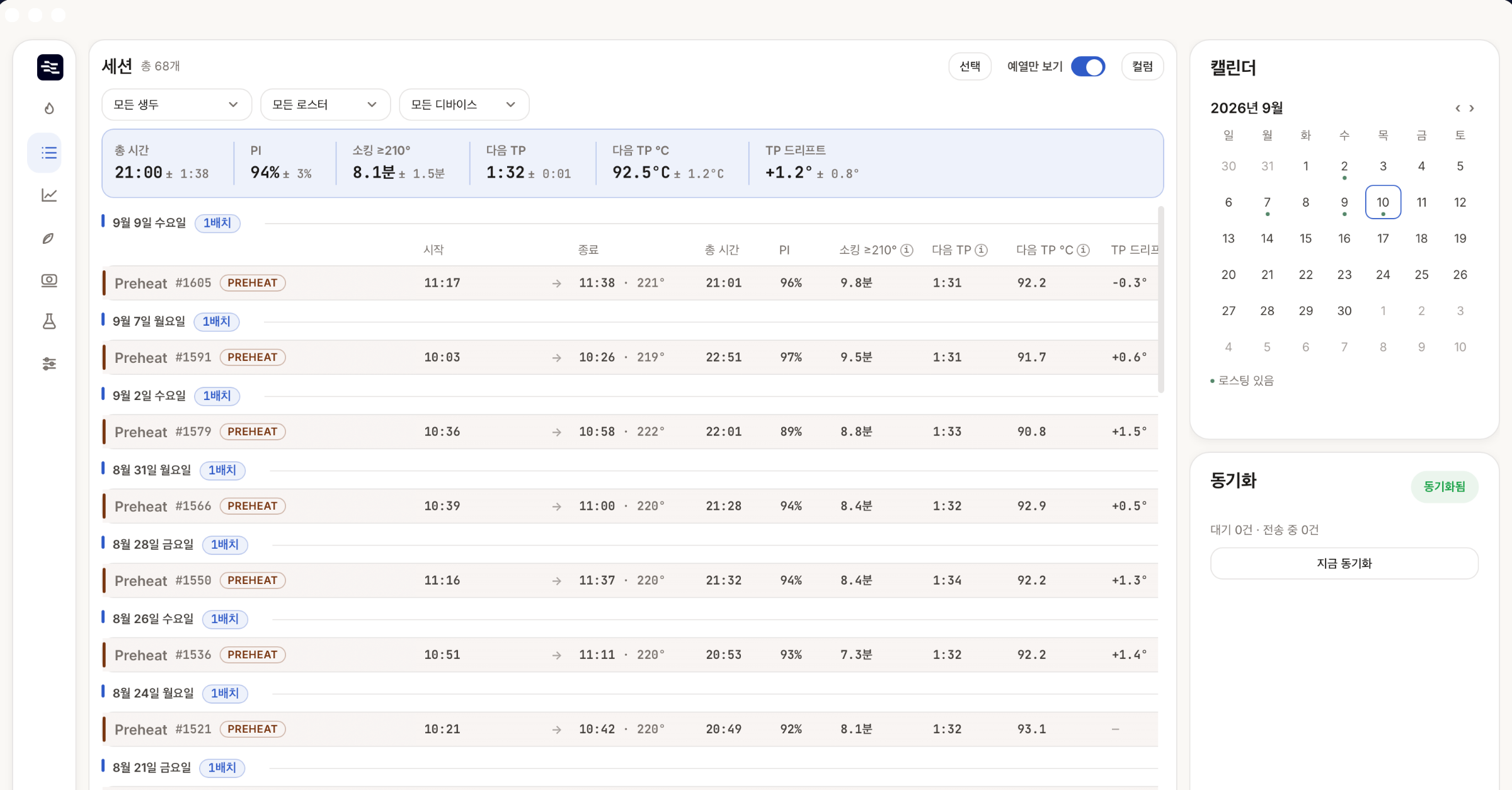 "예열만 보기"로 걸러낸 예열 세션 목록. 상단에 총 시간·PI·소킹·다음 TP·TP 드리프트 평균이 요약되고, 각 예열의 TP 드리프트가 +1.4°, -0.3° 처럼 표시된다.